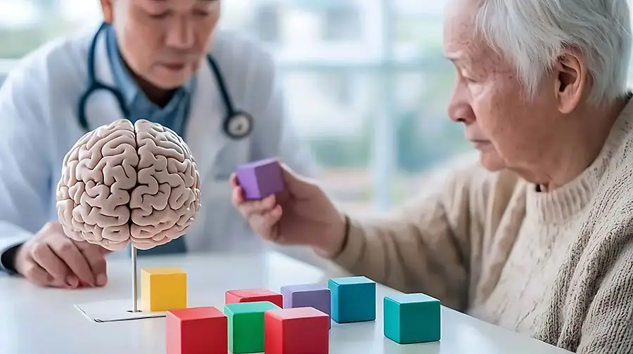 Senior adult completing a memory assessment with a clinician during a functional medicine cognitive visit.