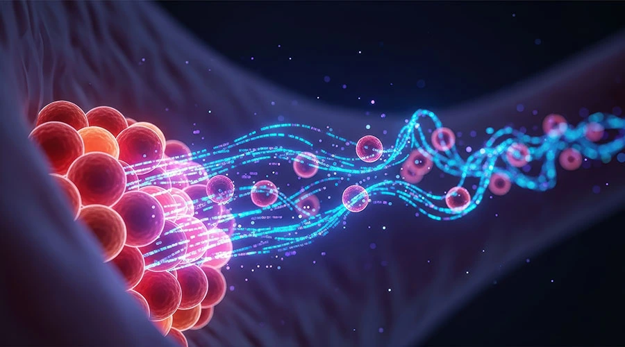 Illustration showing circulating tumor cells traveling through the bloodstream among red and white blood cells.