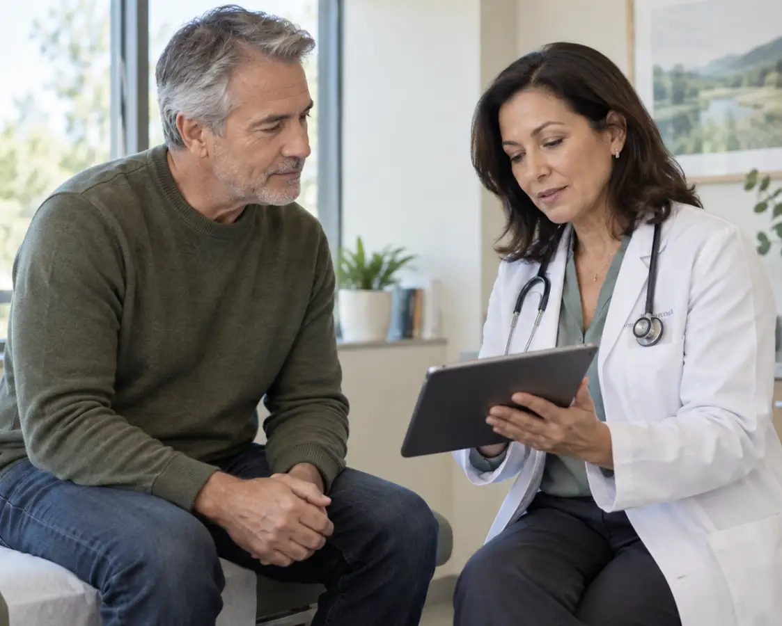 Licensed physician reviewing longevity biomarker testing and a personalized healthy-aging plan with a patient in Houston, TX.