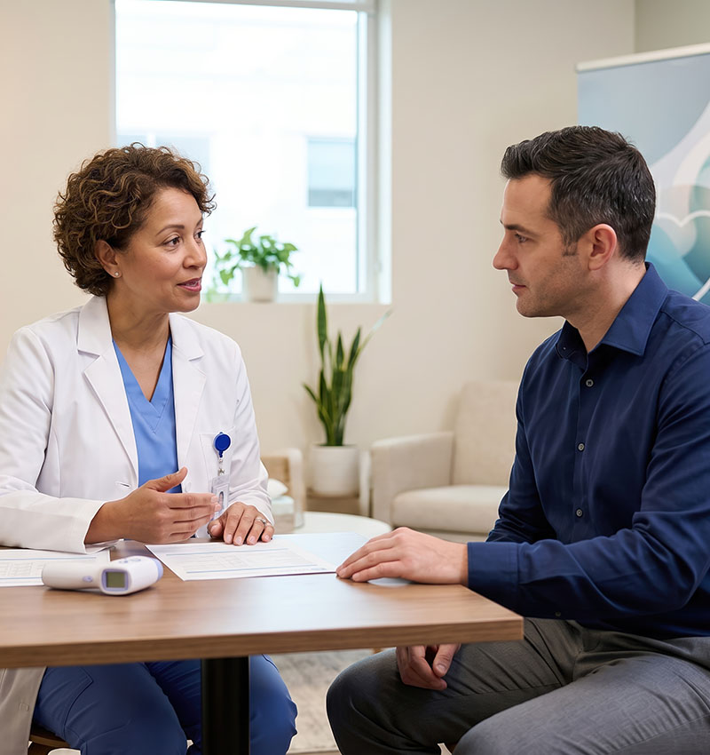  Physician discussing a personalized metabolic health assessment with a patient at a wellness clinic in Houston, TX