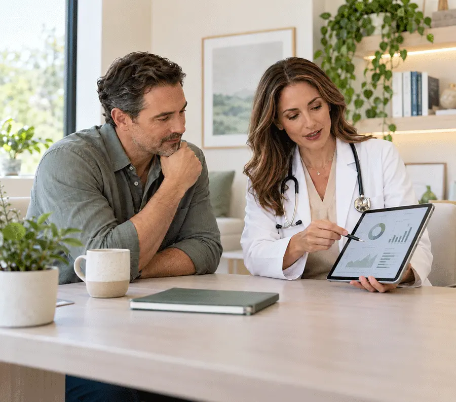 Licensed physician discussing personalized peptide therapy treatment with a patient in Houston, TX.