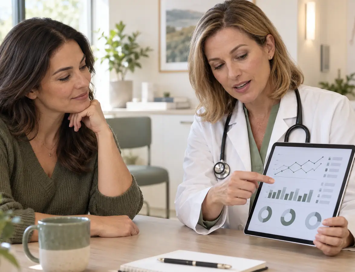  Physician discussing a personalized metabolic health assessment with a patient at a wellness clinic in Houston, TX