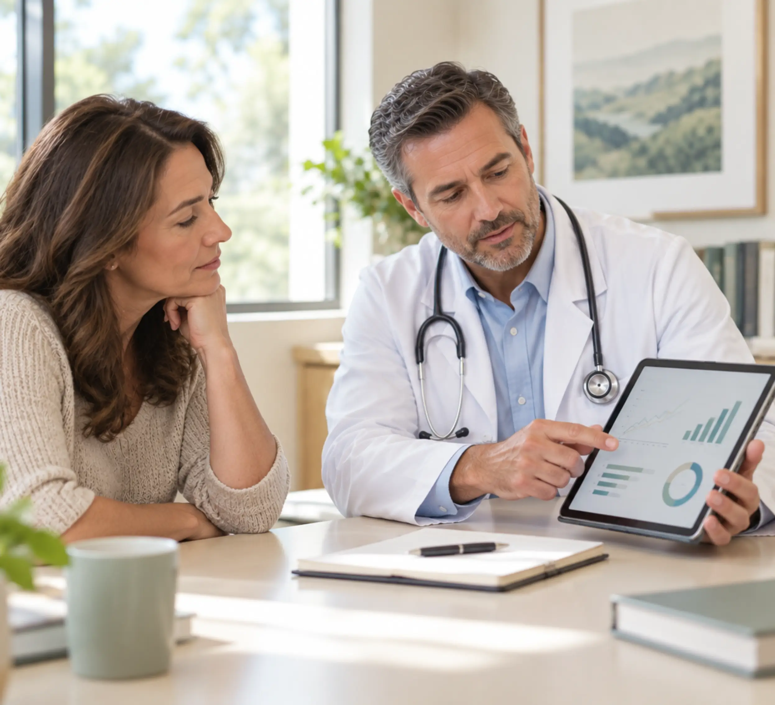  Physician discussing a personalized metabolic health assessment with a patient at a wellness clinic in Houston, TX
