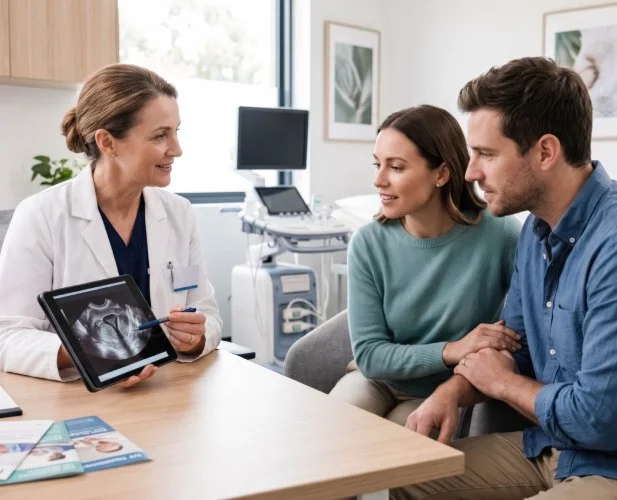 Physician discussing women’s hormone imbalance treatment with patient.