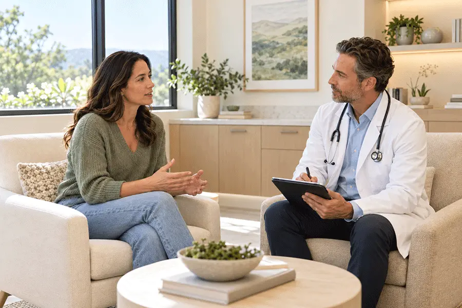 Licensed physician discussing personalized peptide therapy treatment with a patient in Houston, TX.
