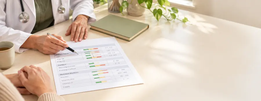 A functional medicine practitioner reviewing specialized diagnostic lab reports for chronic fatigue markers with a patient.