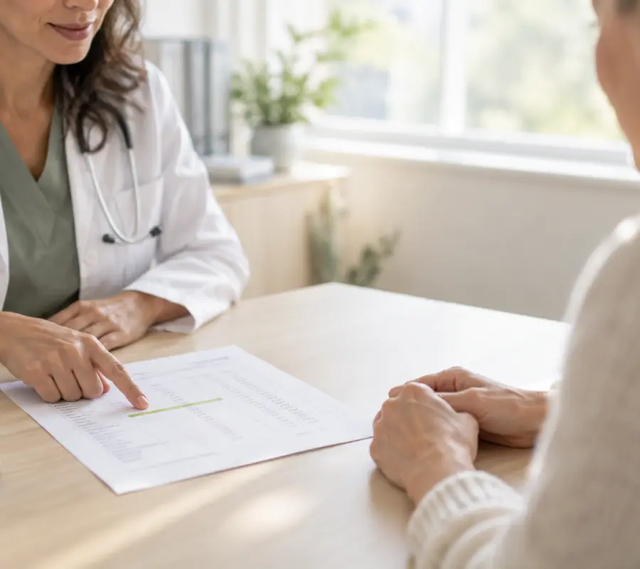 Physician discussing women’s hormone imbalance treatment with patient.