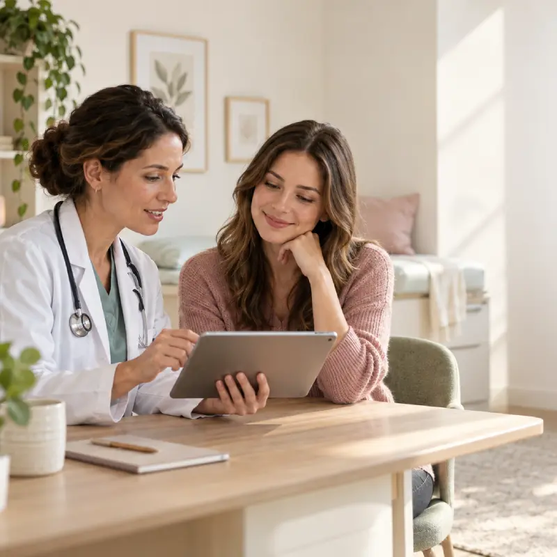  Physician discussing personalized PMOS and women’s health care.