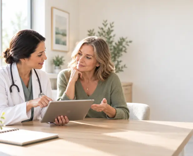 Physician discussing perimenopause and menopause care with a patient.