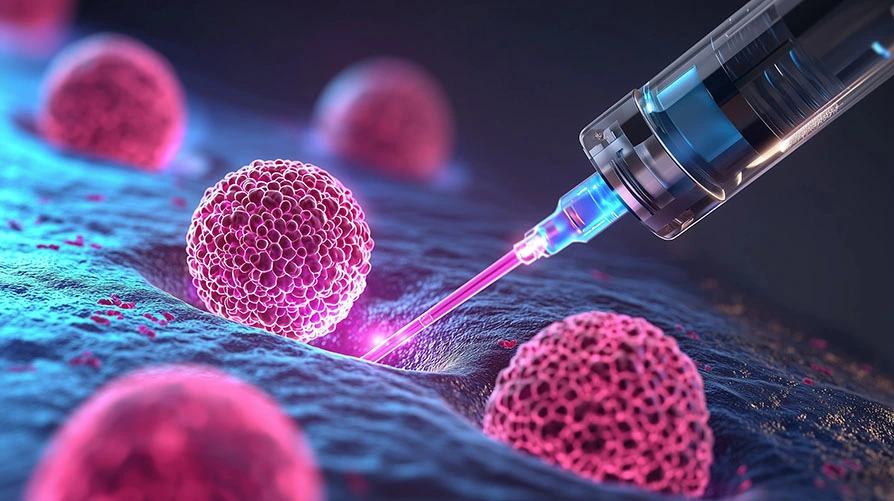 Illustration showing cancer cells and immune cells interacting within a personalized cancer care concept.