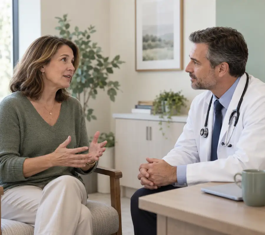 Physician discussing perimenopause and menopause care with a patient.