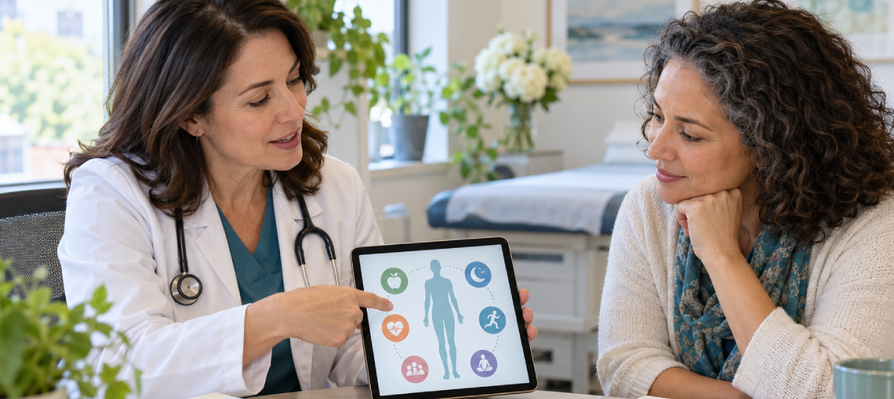  Physician discussing PMOS, hormonal health, fertility, and long-term health considerations with a female patient.