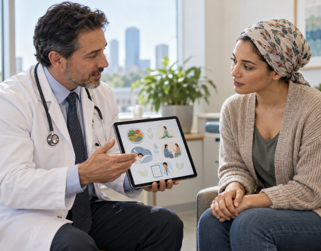 Physician discussing pancreatic cancer care and supportive treatment options with a patient
