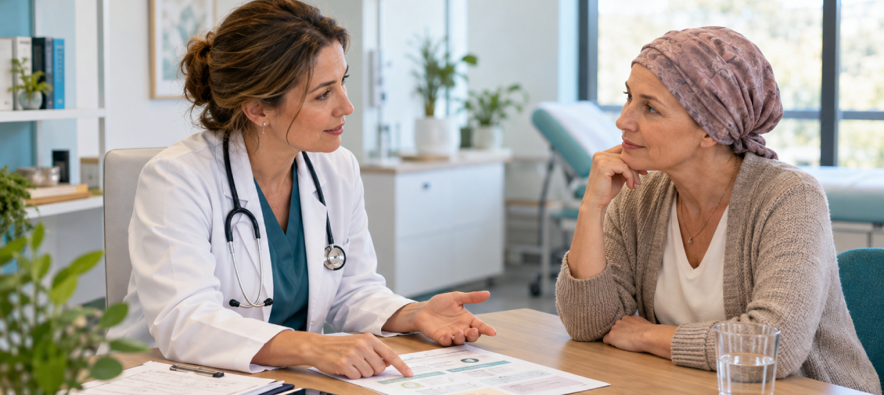  Physician discussing PMOS, hormonal health, fertility, and long-term health considerations with a female patient.