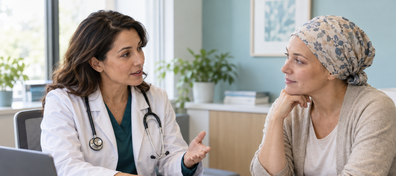  Physician discussing hormone imbalance symptoms and testing with a female patient.