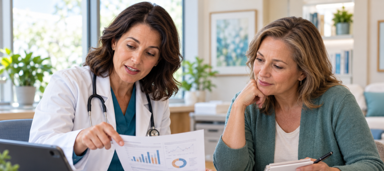  Physician discussing PMOS, hormonal health, fertility, and long-term health considerations with a female patient.